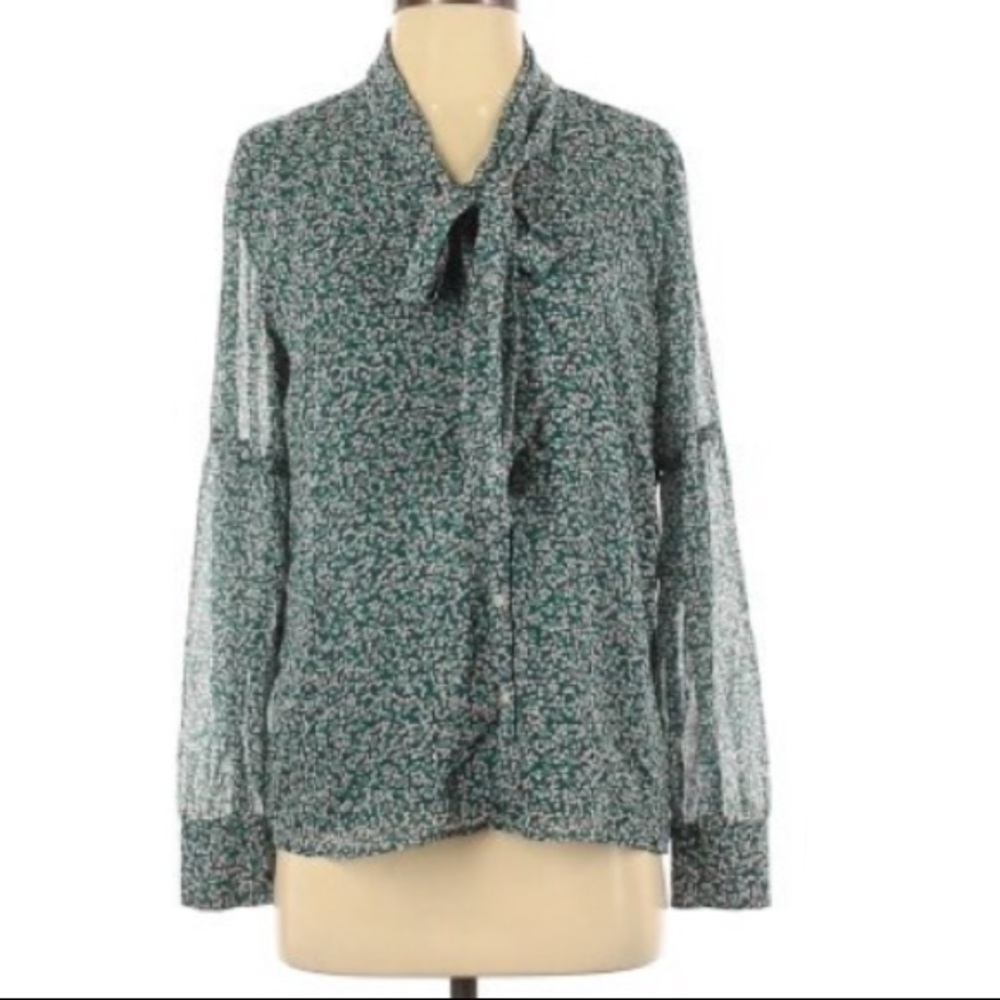 Loft Green Multi Cherry Floral Printed Sheer Long Sleeve Tye Neck Button Blouse - Picture 2 of 6